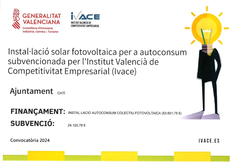 Catí recibe una subvención del IVACE para instalar energía solar fotovoltaica