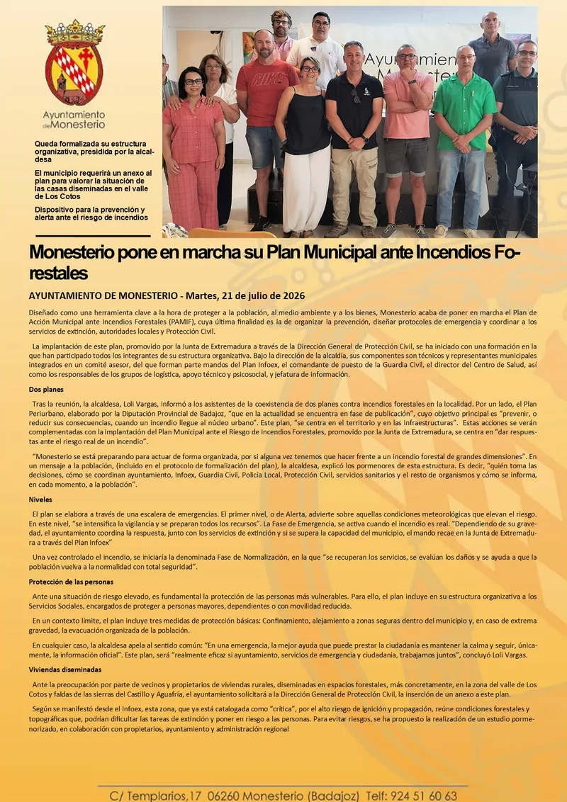 Monesterio activa su Plan Municipal contra Incendios Forestales