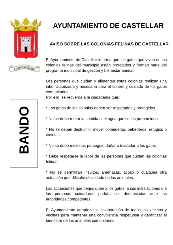 Castellar regula la gestión de las colonias felinas en el municipio