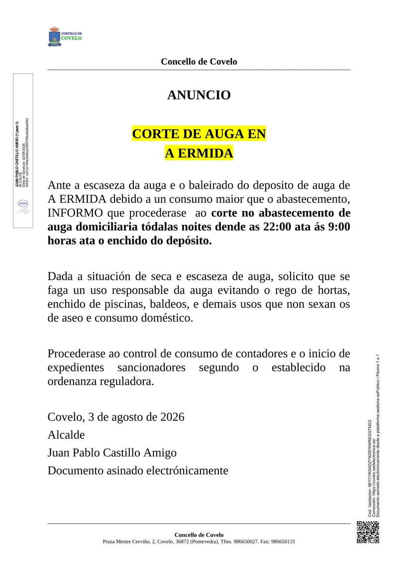 Corte de agua programado en A Ermida (Cuntis) el 3 de agosto