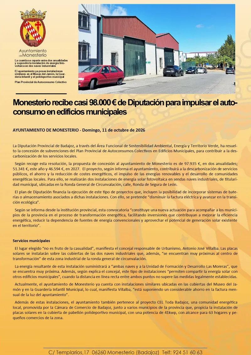 Monesterio destina casi 98.000 euros a la instalación de placas solares en edificios municipales