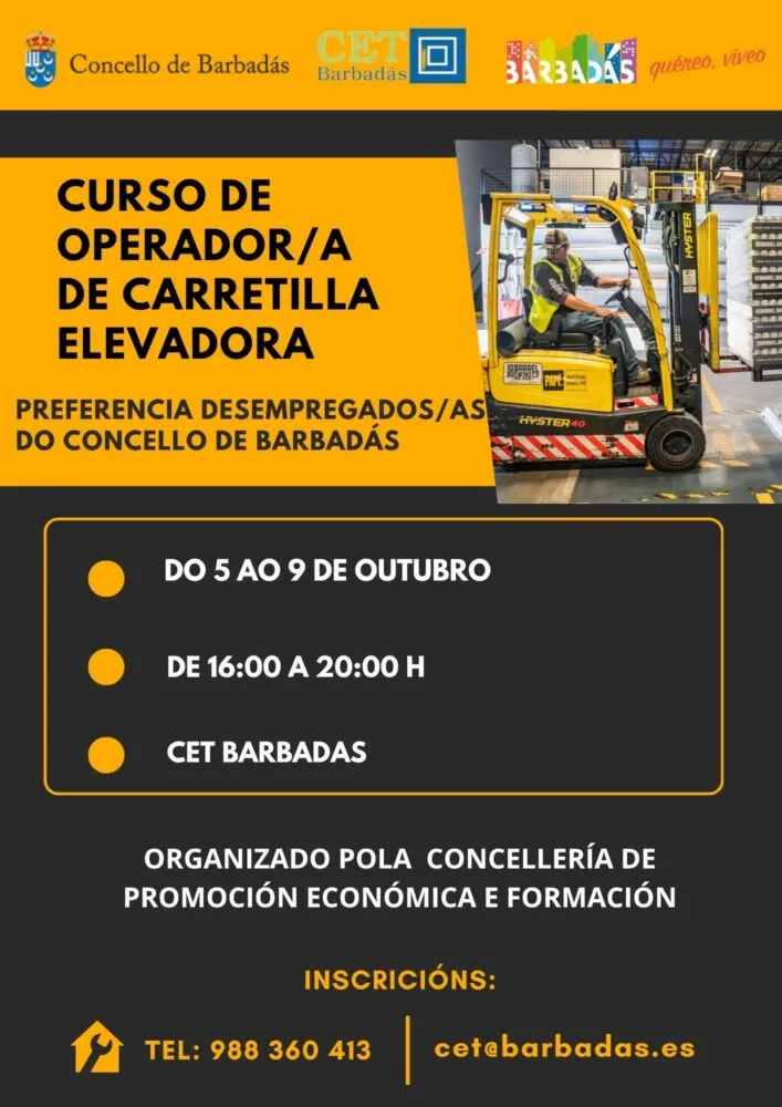 Barbadás organiza un curso de operador de carretilla elevadora para mejorar la empleabilidad