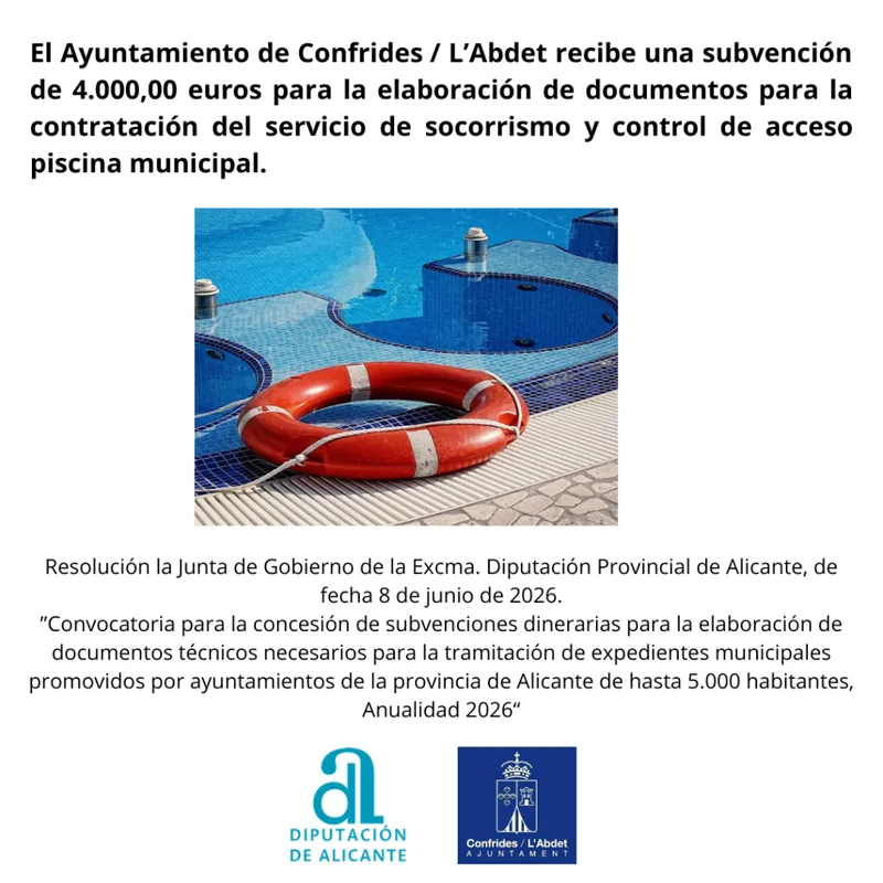 Diputación de Alicante concede 4.000€ a Confrides para el servicio de socorrismo de la piscina municipal