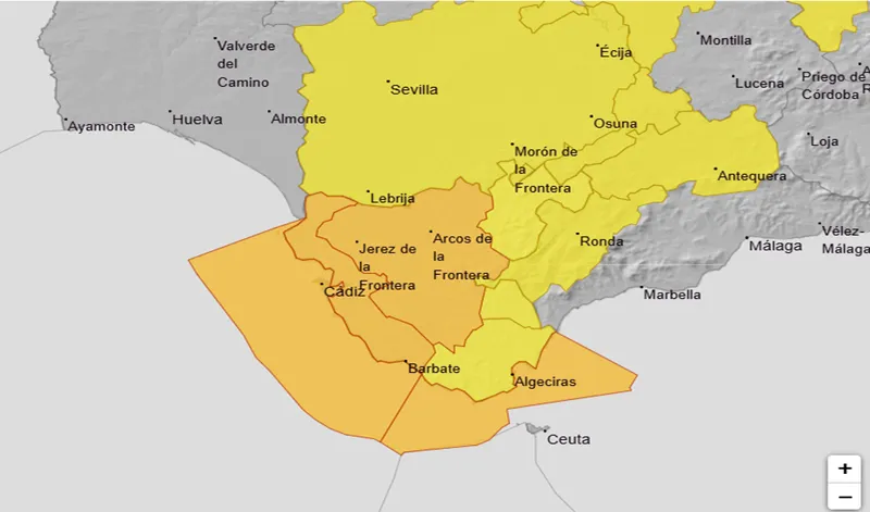 Alerta naranja por fuertes vientos en Cádiz y aviso amarillo por calor en el interior andaluz