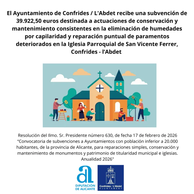 Confrides recibe 39.922 euros para restaurar su iglesia parroquial