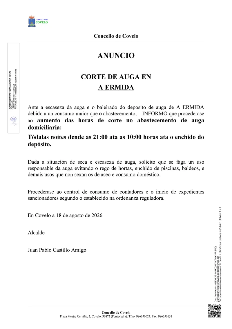 Cortes de agua en A Ermida (Covelo) por escasez y alto consumo
