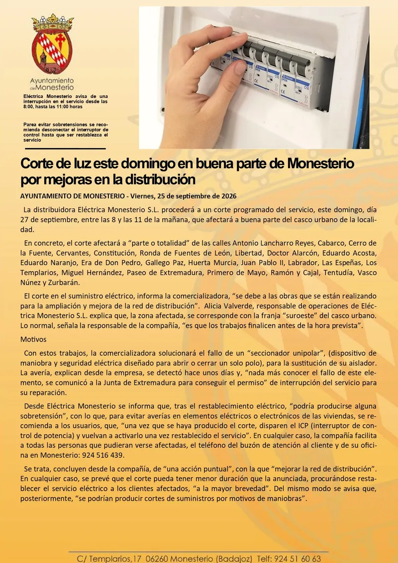 Corte de luz este domingo en Monesterio por mejoras en la red de distribución