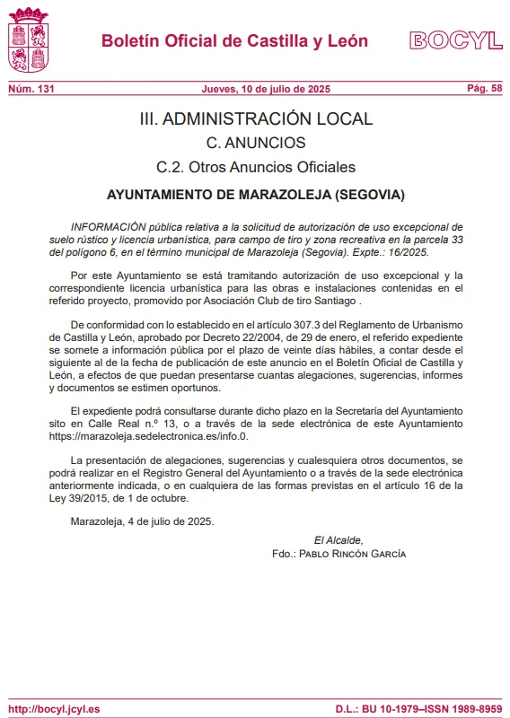 Marazoleja inicia la información pública sobre un campo de tiro