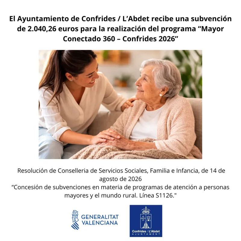 Confrides recibe 2.040 euros de la Generalitat para el programa 'Mayor Conectado 360'