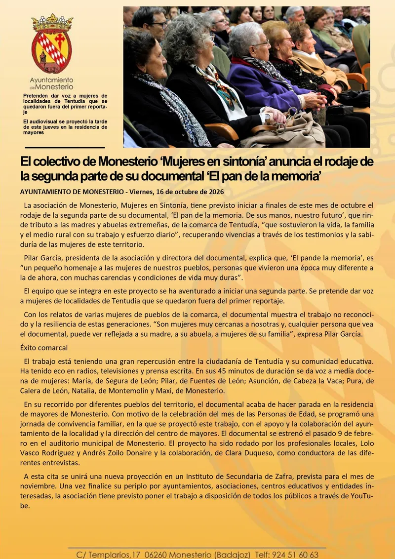 Mujeres en Sintonía de Monesterio rueda la secuela de 'El pan de la memoria'