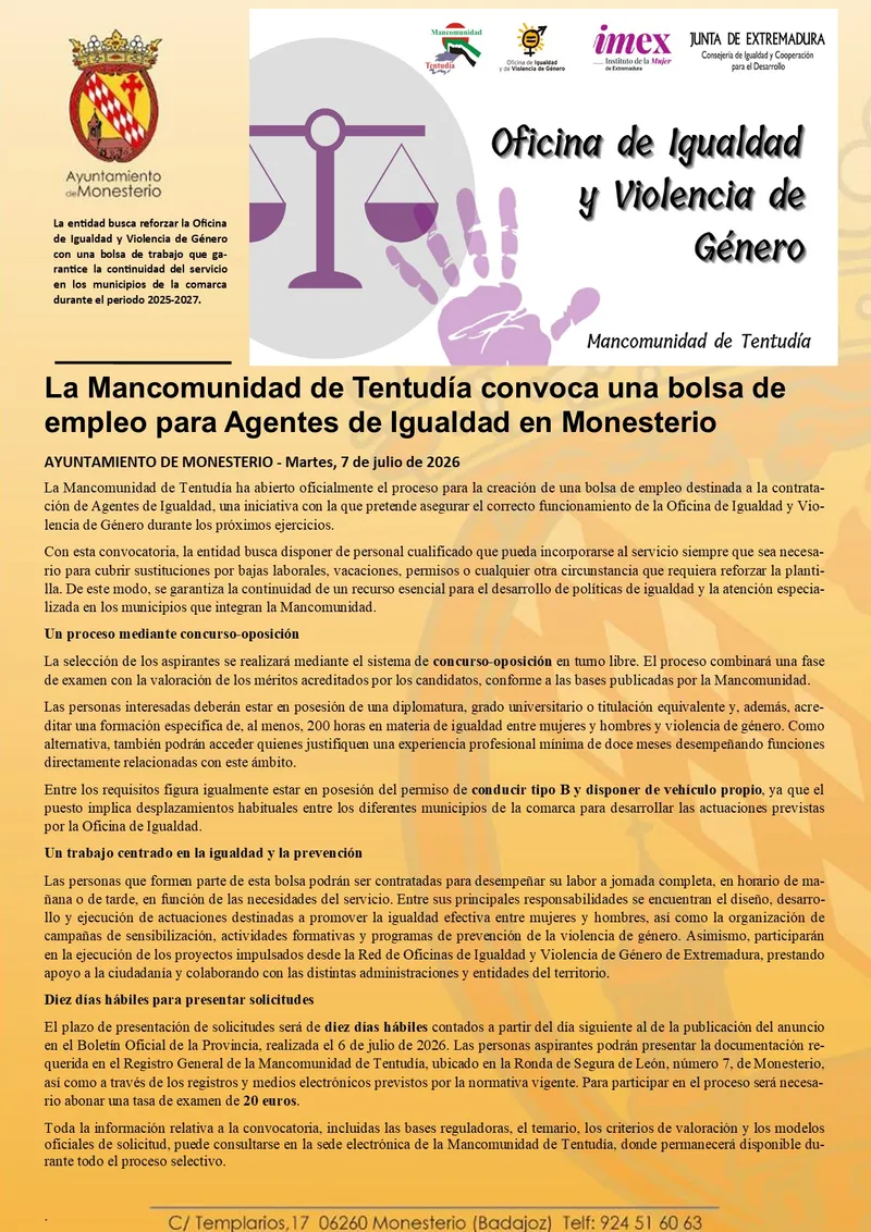 La Mancomunidad de Tentudía abre bolsa de empleo para Agentes de Igualdad en Monesterio