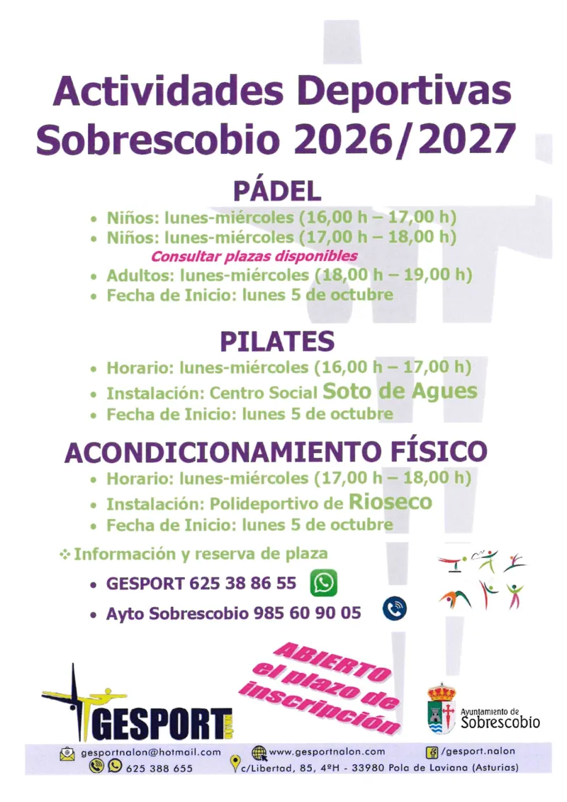 Sobrescobio abre inscripciones para actividades deportivas del curso 2026/2027