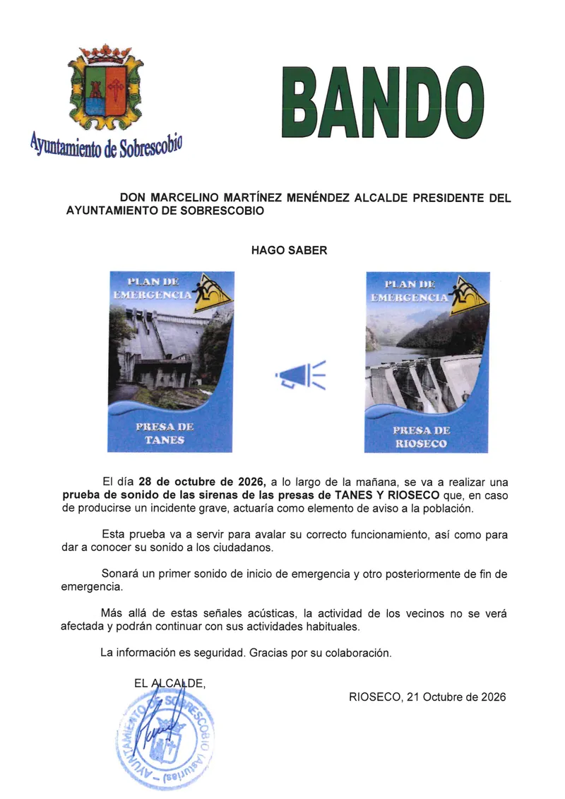 Sobrescobio realiza pruebas de sonido de las sirenas de emergencia de las presas de Tanes y Rioseco