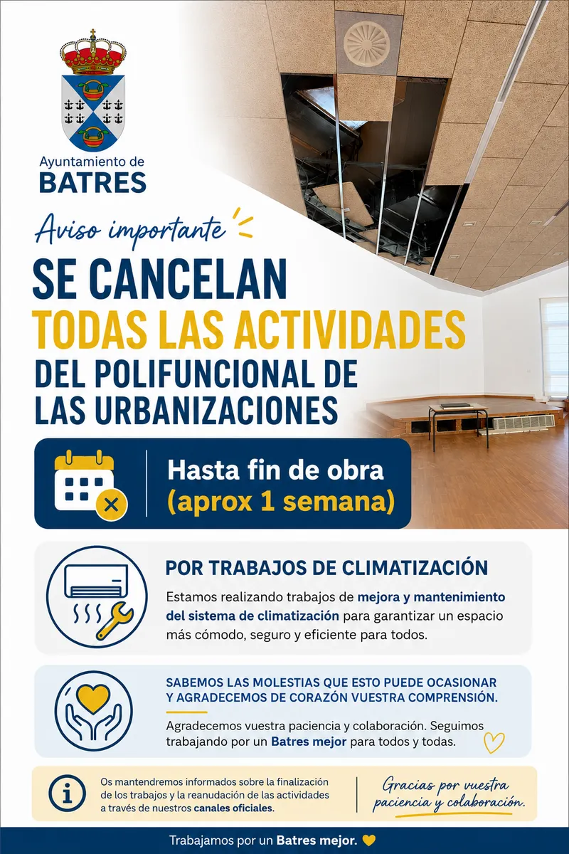 Cierran temporalmente el Polifuncional de las Urbanizaciones de Batres por obras en la climatización