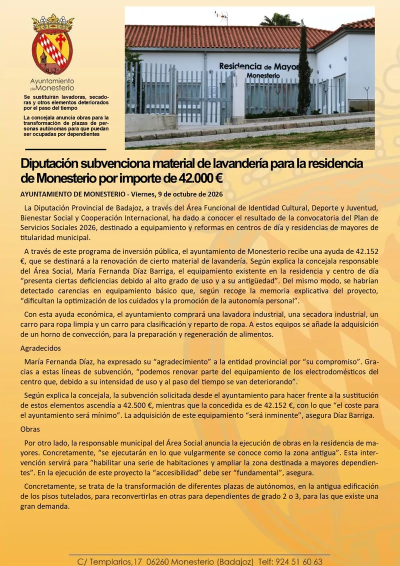 La Diputación de Badajoz destina 42.000 euros a la residencia de Monesterio