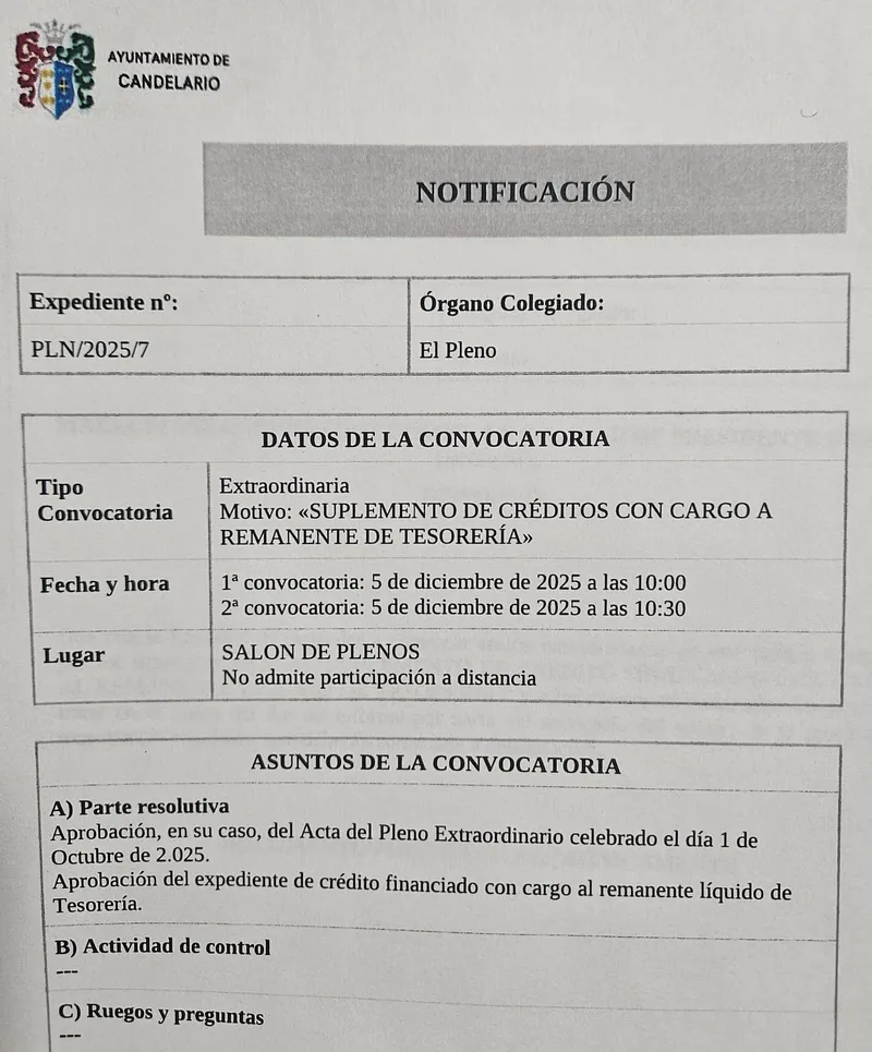 Candelario convoca pleno extraordinario para el 5 de diciembre