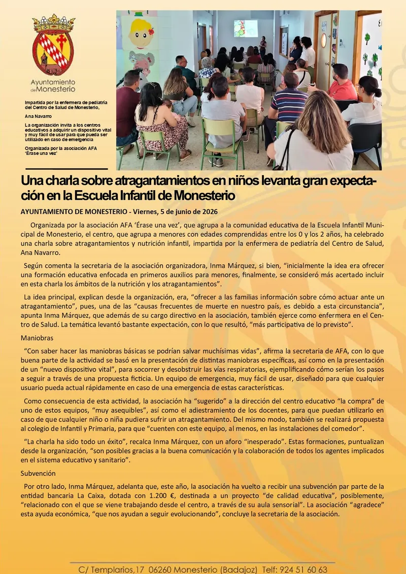 Monesterio acoge una charla informativa sobre atragantamientos en niños