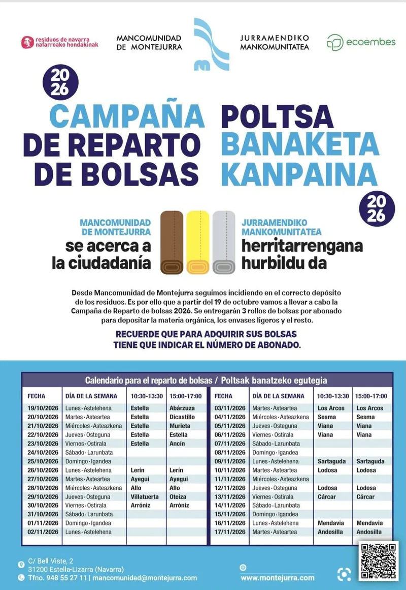 Arróniz reparte bolsas de residuos el 30 de octubre con la Mancomunidad de Montejurra