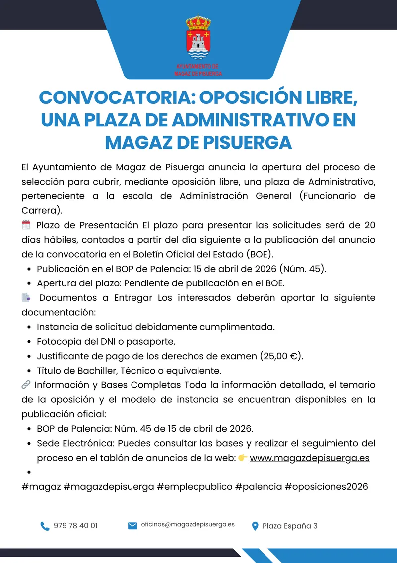 Magaz de Pisuerga convoca una plaza de Administrativo y otra de Oficial de 1ª