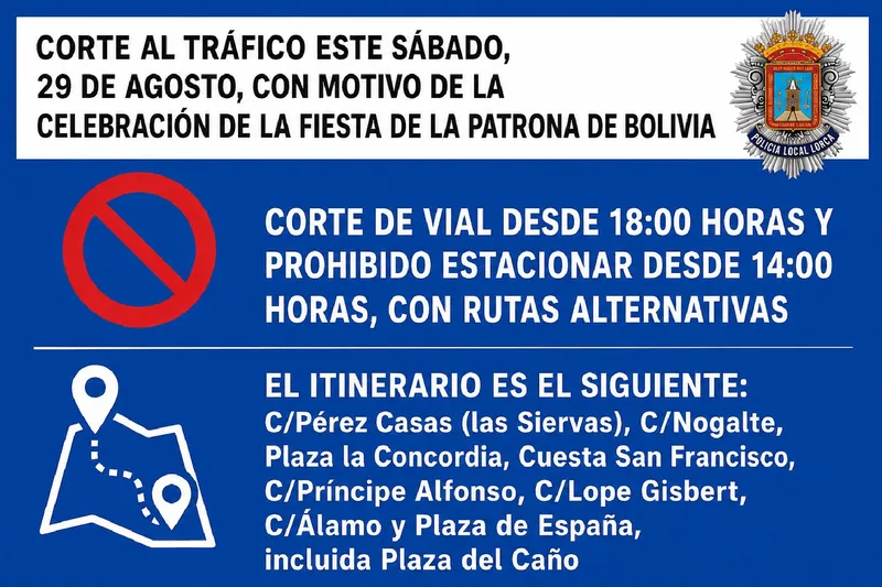 Lorca: Cortes de tráfico y restricciones de aparcamiento este sábado por la fiesta de la Patrona de Bolivia