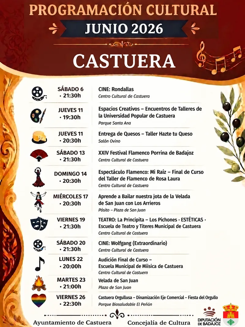 Castuera presenta su agenda cultural para junio de 2026 con una variada oferta de eventos