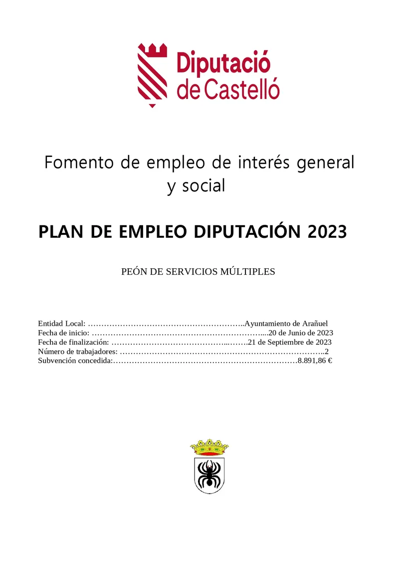 Arañuel finaliza el Plan de Empleo 2023 con la contratación de dos desempleados
