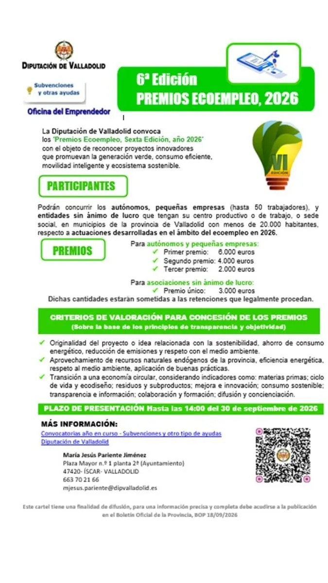 Diputación de Valladolid lanza la 6ª edición de los Premios Ecoempleo 2026