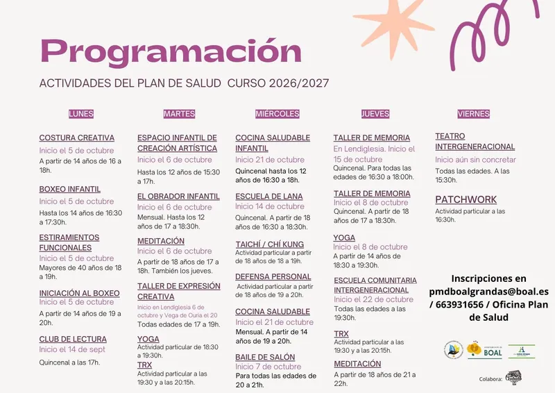 Boal lanza un programa de actividades para fomentar la salud y el bienestar durante todo el curso