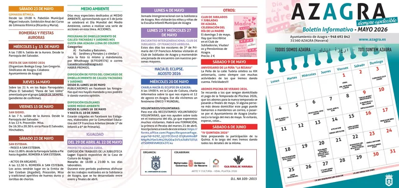 Azagra presenta su agenda cultural y de ocio para mayo de 2026