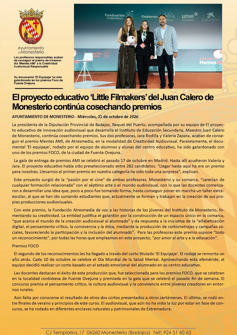 El proyecto Little Filmakers del IES Juan Calero de Monesterio gana un nuevo premio