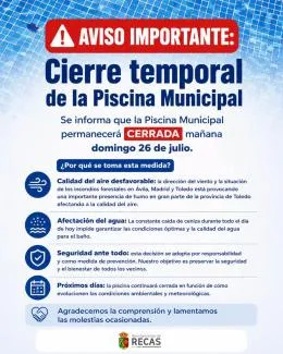 Cierre temporal de la piscina de Recas por la emergencia de incendios en Madrid y Ávila