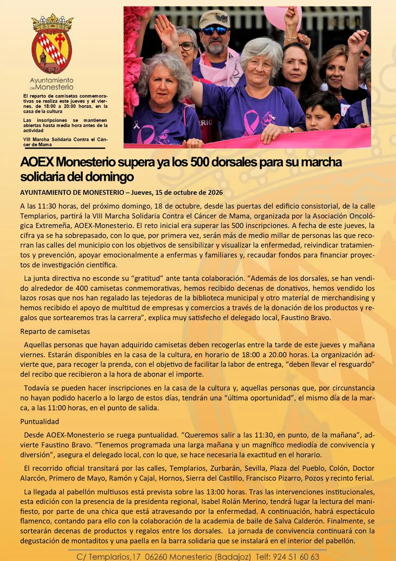 Monesterio supera los 500 inscritos en su marcha solidaria contra el cáncer