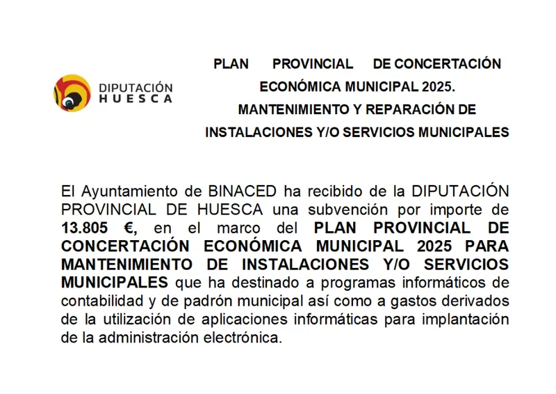 La Diputación de Huesca destina 13.805 euros a la administración electrónica de Binaced y Valcarca