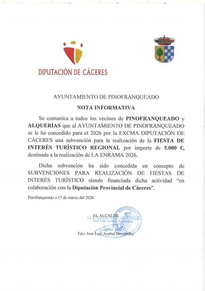 Pinofranqueado recibe 5.000 euros para la Fiesta de La Enrama 2026