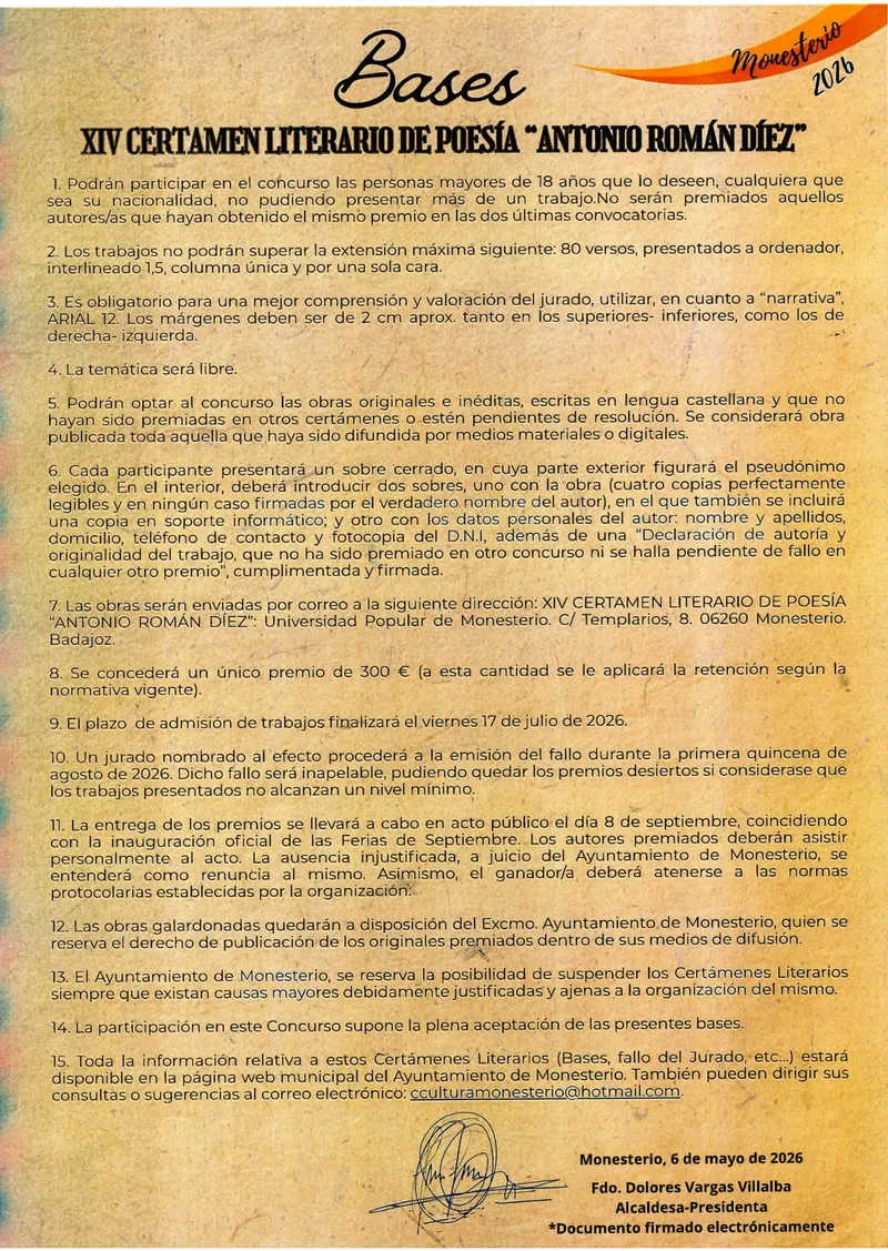 XIV Certamen literario de poesía Antonio Román Díez convocado