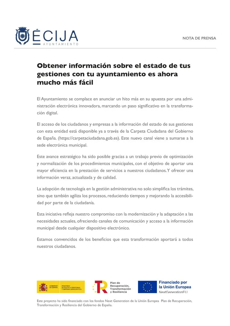El Ayuntamiento de Écija facilita el seguimiento de gestiones municipales online