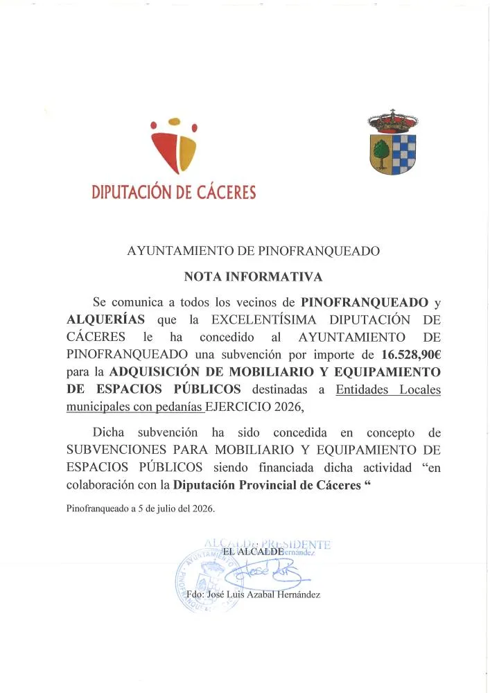 Pinofranqueado recibe 16.528€ de la Diputación de Cáceres para equipar espacios públicos en pedanías