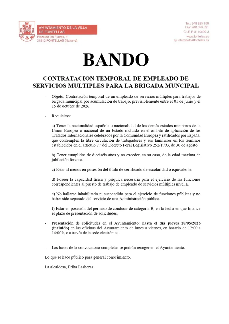 Fontellas busca empleado para la brigada municipal