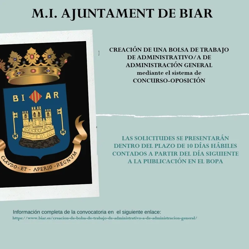 Biar abre plazo para crear bolsa de empleo de Administrativo/a de Administración General