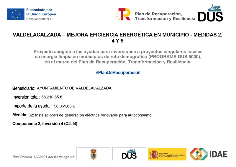 Valdelacalzada culmina su modernización energética con fondos europeos NextGenerationEU
