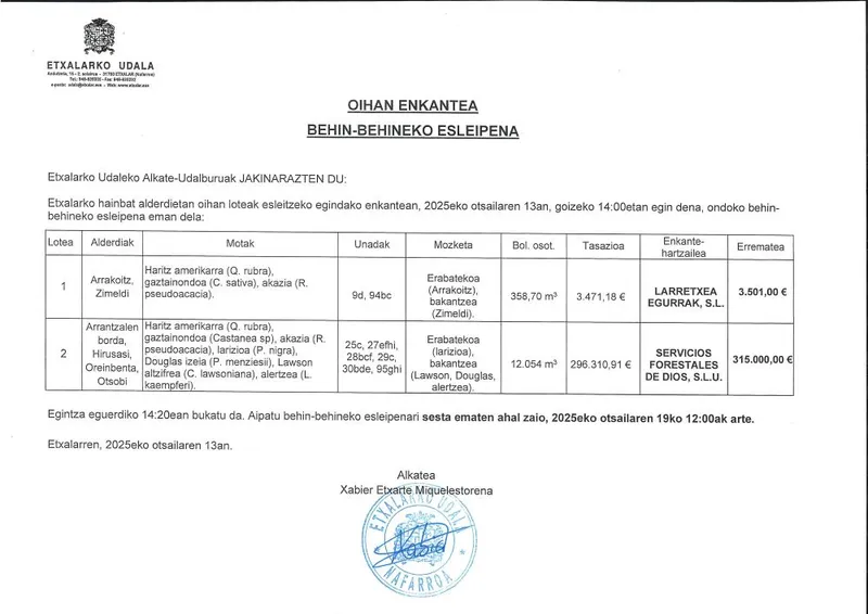 Etxalar adjudica provisionalmente la subasta de madera del monte