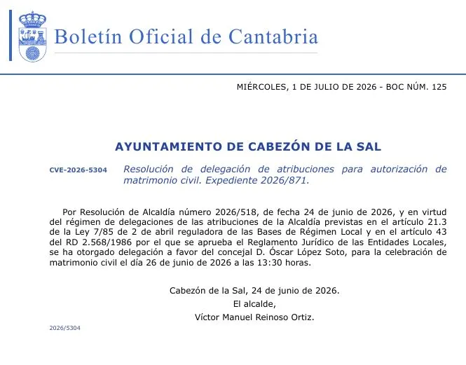 Delegación de competencias para autorizar matrimonios civiles en Cabezón de la Sal