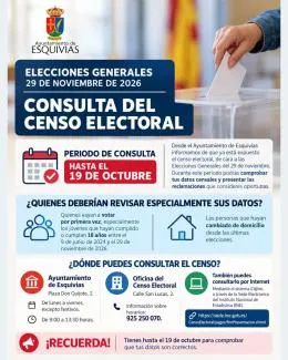 Esquivias abre el plazo para consultar el censo electoral hasta el 19 de octubre
