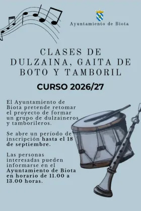 Biota recupera la tradición musical con clases de dulzaina, gaita y tamboril