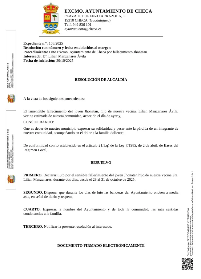 Checa decreta dos días de luto oficial por el fallecimiento de un joven vecino