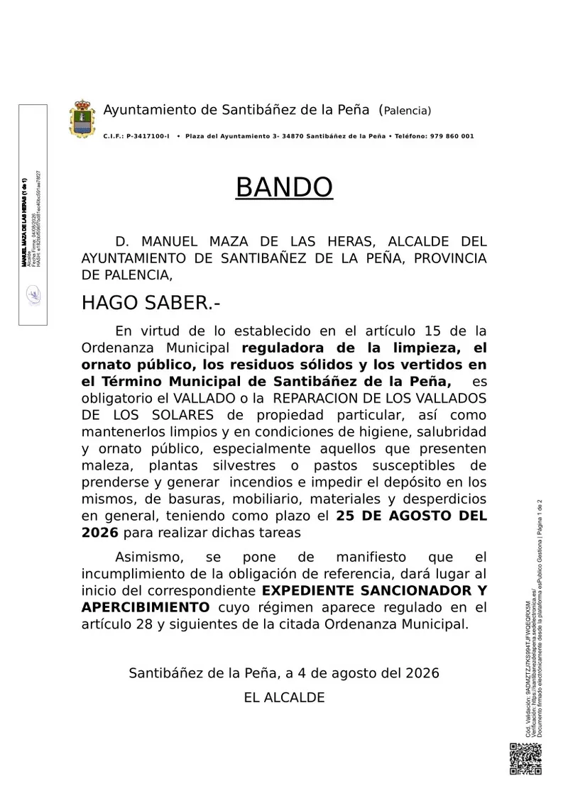 Santibáñez de la Peña exige la limpieza y vallado de solares para prevenir riesgos