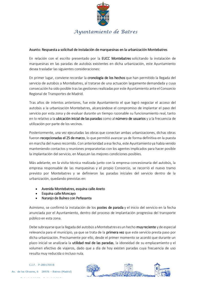 Batres responde sobre la instalación de marquesinas en Montebatres