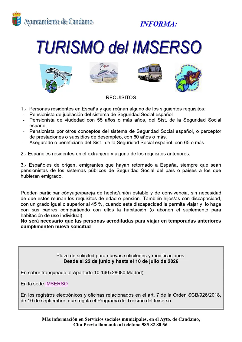 Abierto el plazo para solicitar las plazas del programa de turismo del Imserso en Candamo