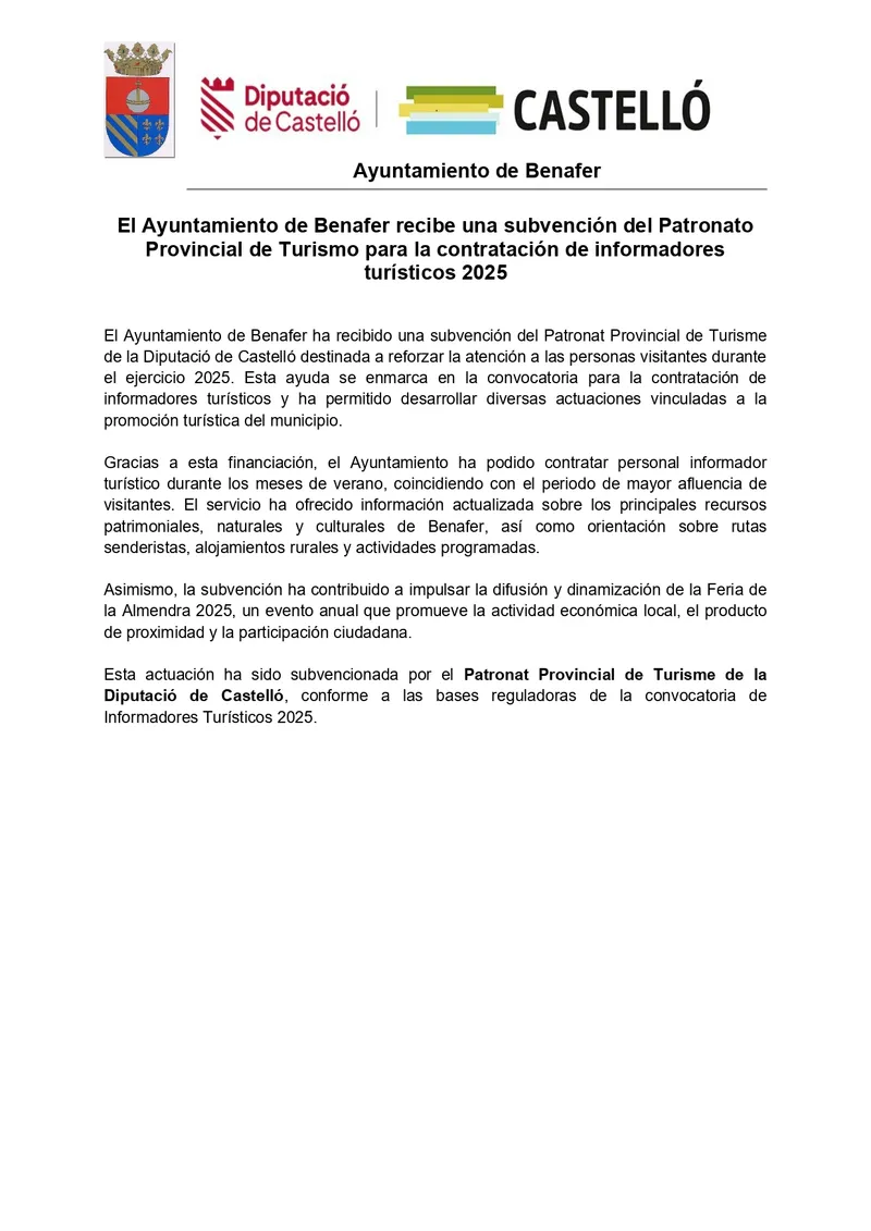 Benafer recibe fondos del Patronato Provincial de Turismo para contratar informadores