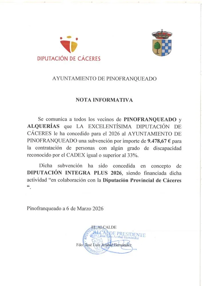 Pinofranqueado recibe 9.478€ de la Diputación de Cáceres para contratar a personas con discapacidad